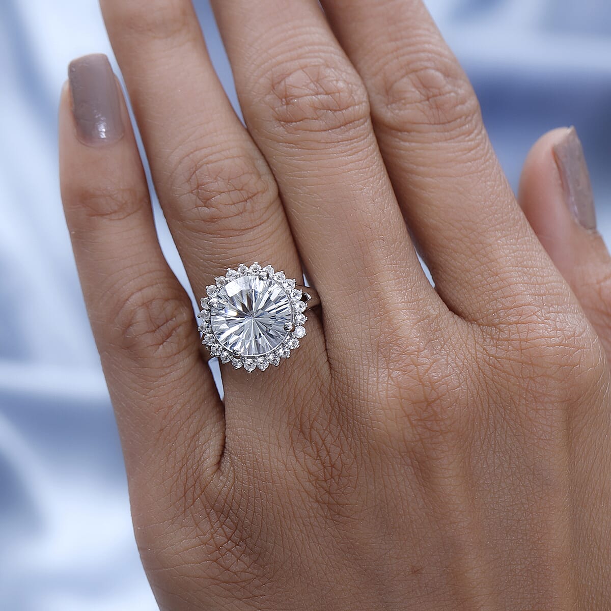 Concave Cut White Topaz Halo Ring in Platinum Over Sterling Silver (Size 6.0) 9.10 ctw image number 2