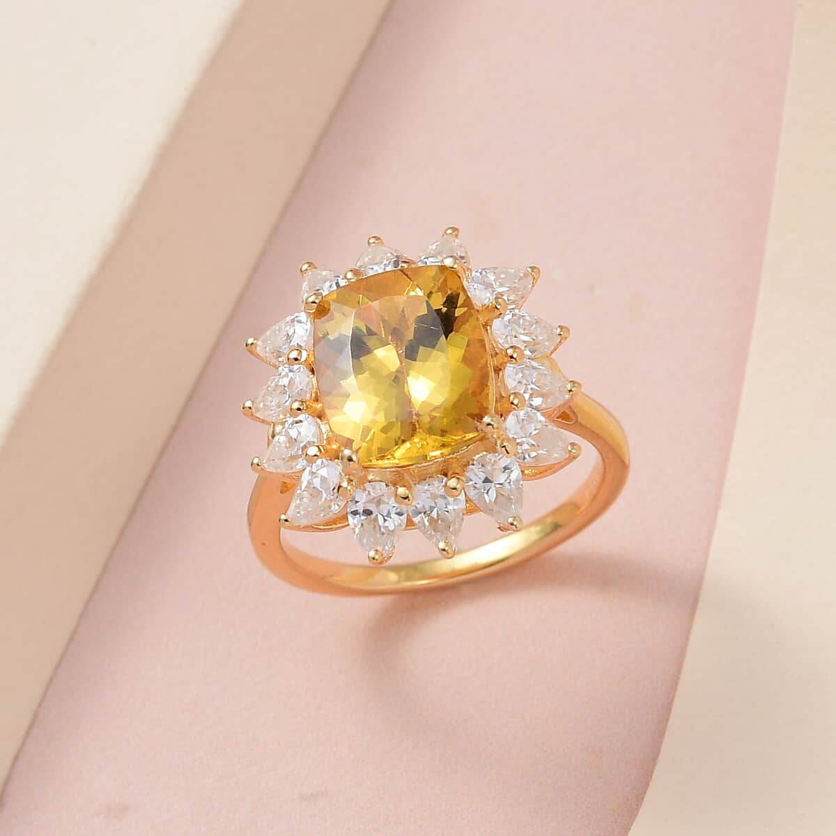 Brazilian Golden Apatite and Moissanite Sunburst Ring in Vermeil Yellow Gold Over Sterling Silver (Size 10.0) 6.50 ctw image number 1