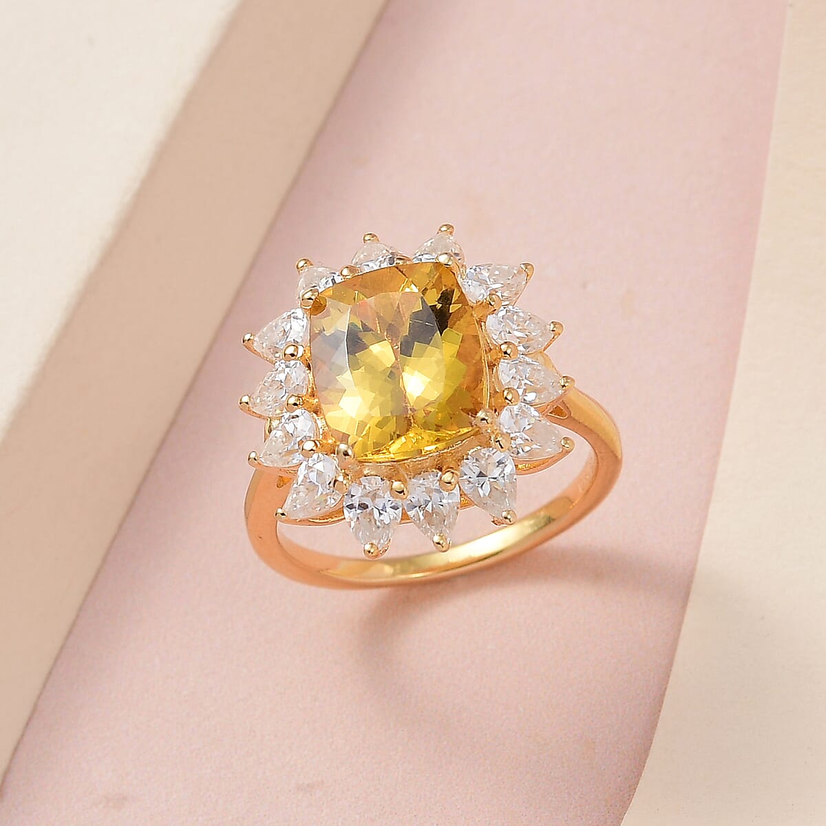 Brazilian Golden Apatite and Moissanite Sunburst Ring in Vermeil Yellow Gold Over Sterling Silver (Size 7.0) 6.50 ctw image number 1