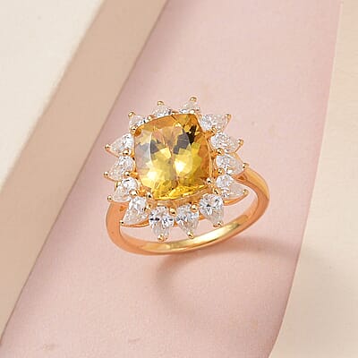 Brazilian Golden Apatite and Moissanite Sunburst Ring in Vermeil Yellow Gold Over Sterling Silver (Size 7.0) 6.50 ctw