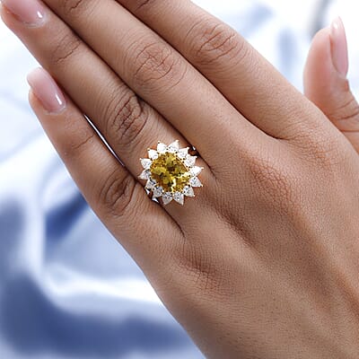 Brazilian Golden Apatite and Moissanite Sunburst Ring in Vermeil Yellow Gold Over Sterling Silver (Size 7.0) 6.50 ctw