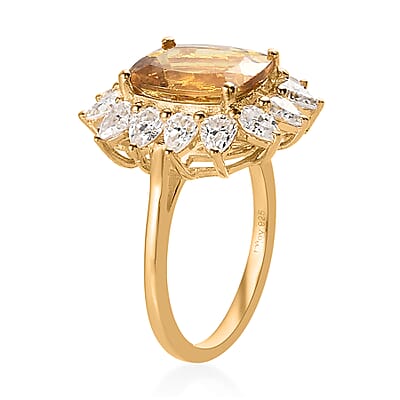 Brazilian Golden Apatite and Moissanite Sunburst Ring in Vermeil Yellow Gold Over Sterling Silver (Size 7.0) 6.50 ctw