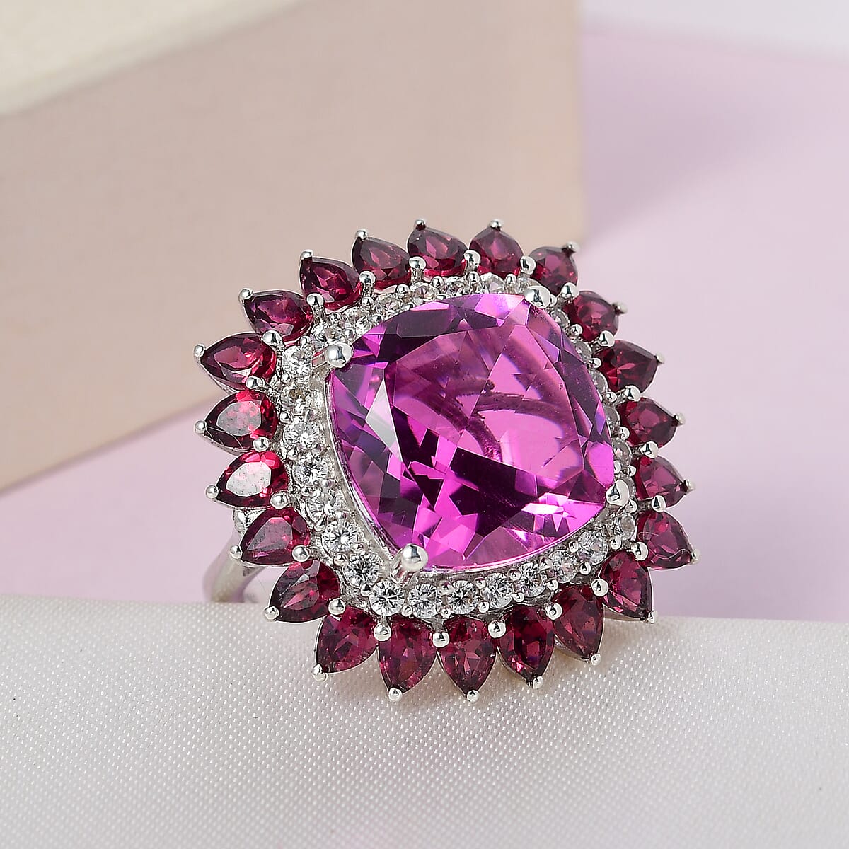 African Lilac Quartz (Triplet) and Multi Gemstone Double Halo Ring in Platinum Over Sterling Silver 15.40 ctw image number 1