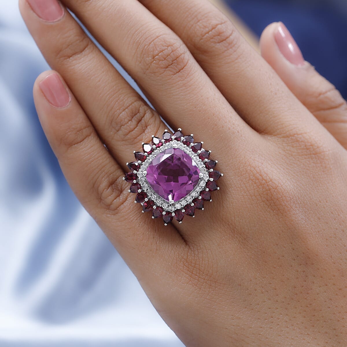 African Lilac Quartz (Triplet) and Multi Gemstone Double Halo Ring in Platinum Over Sterling Silver (Size 7.0) 15.40 ctw image number 2