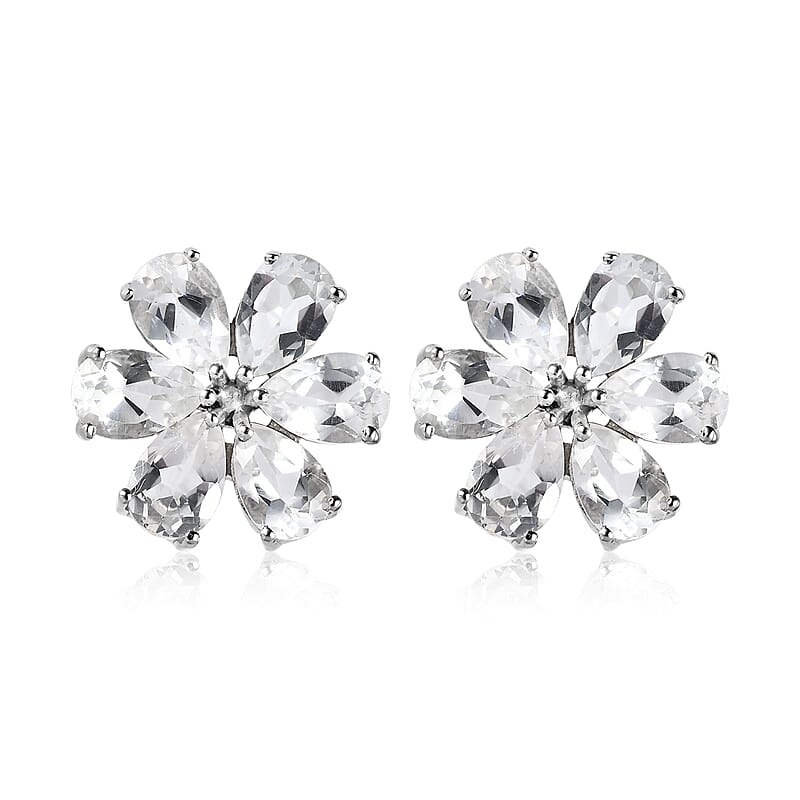 White Topaz 6.15 ctw Floral Stud Earrings in Platinum Over Sterling Silver