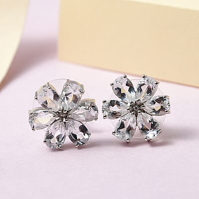 White Topaz 6.15 ctw Floral Stud Earrings in Platinum Over Sterling Silver