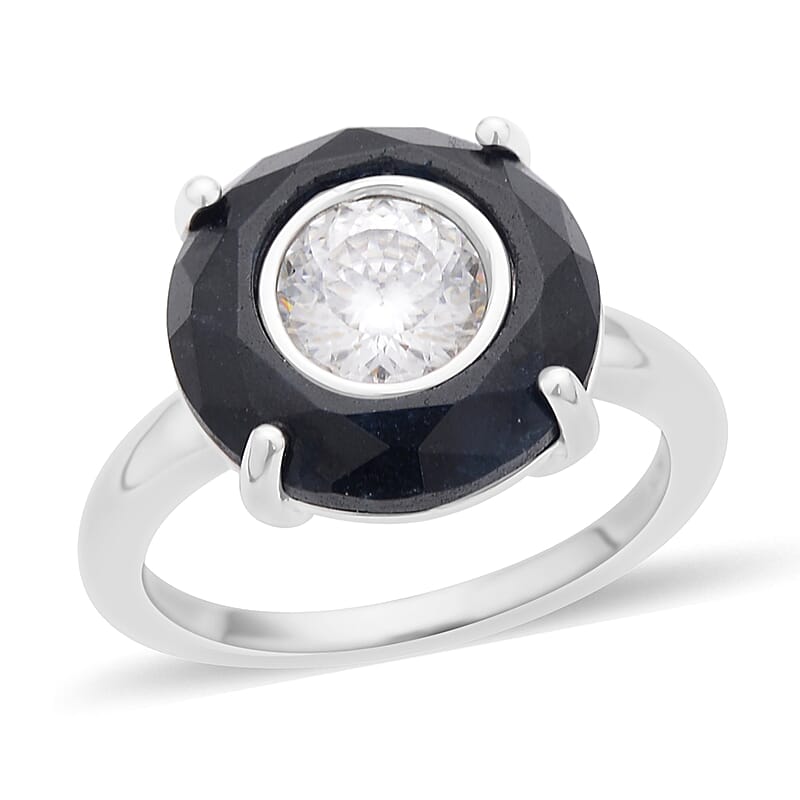129 Facet Moissanite and Black Jade (D) Halo Ring in Rhodium Over Sterling Silver (Size 10.0) 4.65 ctw