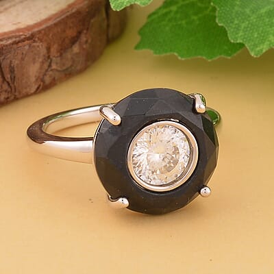 129 Facet Moissanite and Black Jade (D) Halo Ring in Rhodium Over Sterling Silver (Size 10.0) 4.65 ctw