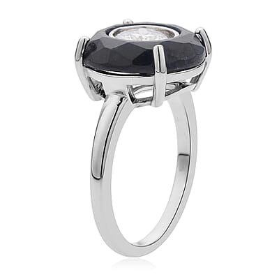 129 Facet Moissanite and Black Jade (D) Halo Ring in Rhodium Over Sterling Silver (Size 10.0) 4.65 ctw