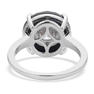 129 Facet Moissanite and Black Jade (D) Halo Ring in Rhodium Over Sterling Silver (Size 10.0) 4.65 ctw