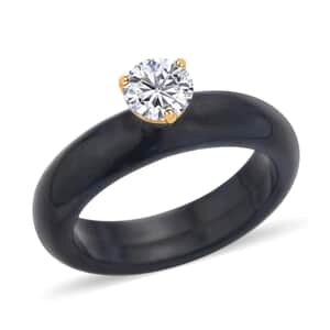 Moissanite and Black Jade (D) Ring in Vermeil Yellow Gold Over Sterling Silver , Moissanite Ring, Solitaire Ring, Black Jade Band , Sterling Silver Ring 17.40 ctw