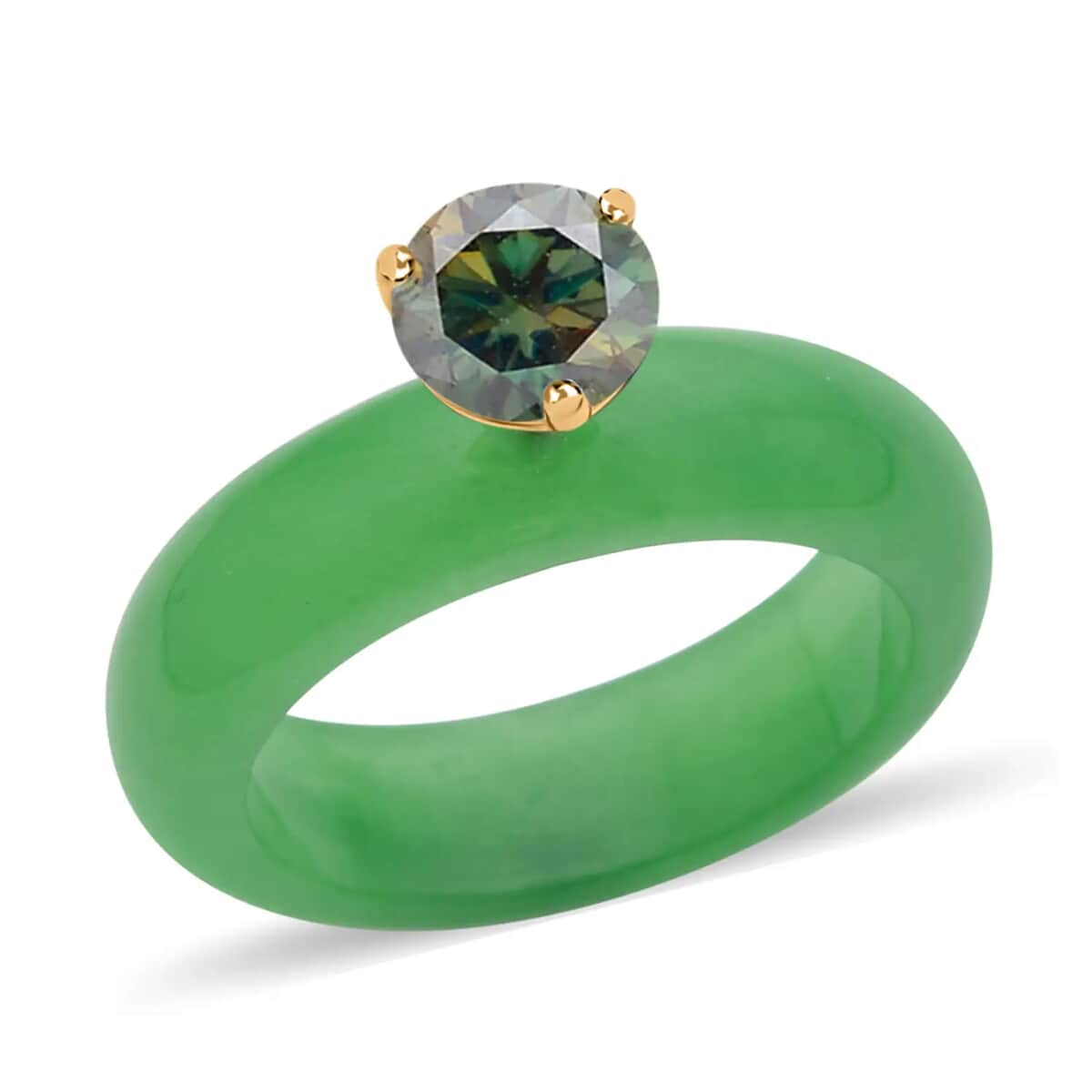 Green Moissanite and Green Jade (D) Ring in Vermeil Yellow Gold Over Sterling Silver , Moissanite Ring (Size 5.0), Solitaire Ring, Green Jade Band , Sterling Silver Ring 17.00 ctw image number 0