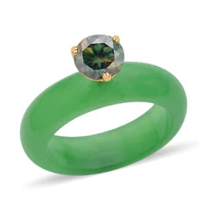 Green Moissanite and Green Jade (D) Ring in Vermeil Yellow Gold Over Sterling Silver , Moissanite Ring (Size 5.0), Solitaire Ring, Green Jade Band , Sterling Silver Ring 17.00 ctw