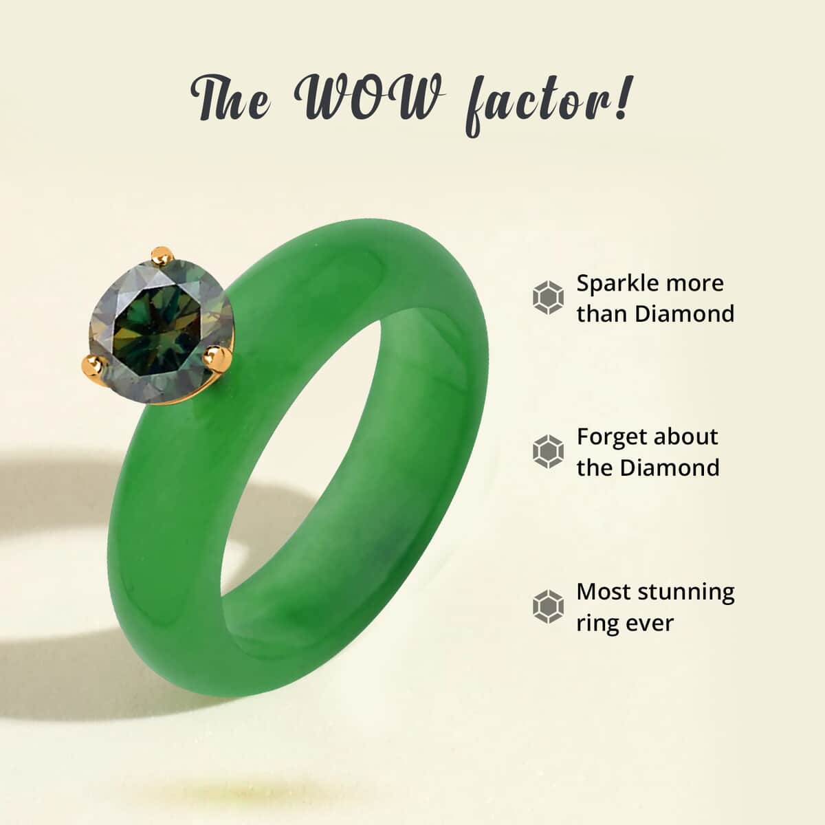 Green Moissanite and Green Jade (D) Ring in Vermeil Yellow Gold Over Sterling Silver , Moissanite Ring (Size 5.0), Solitaire Ring, Green Jade Band , Sterling Silver Ring 17.00 ctw image number 3