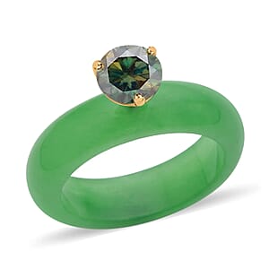 Green Moissanite and Green Jade (D) Ring in Vermeil Yellow Gold Over Sterling Silver , Moissanite Ring, Solitaire Ring, Green Jade Band , Sterling Silver Ring 17.00 ctw