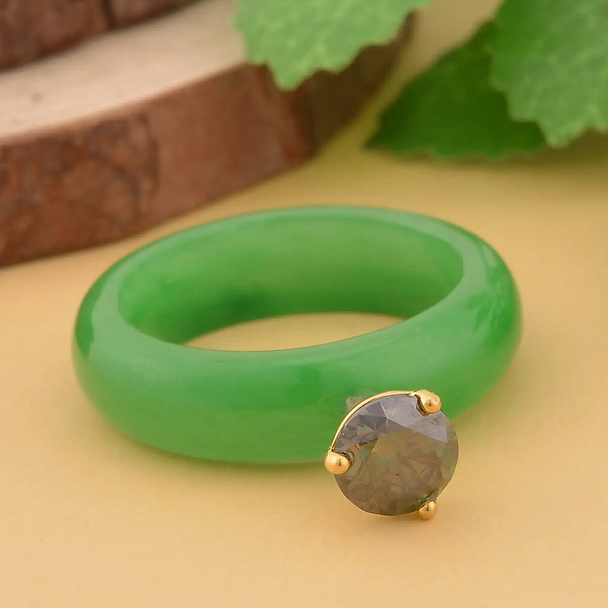 Green Moissanite and Green Jade (D) Ring in Vermeil Yellow Gold Over Sterling Silver , Moissanite Ring, Solitaire Ring, Green Jade Band , Sterling Silver Ring 17.00 ctw image number 1