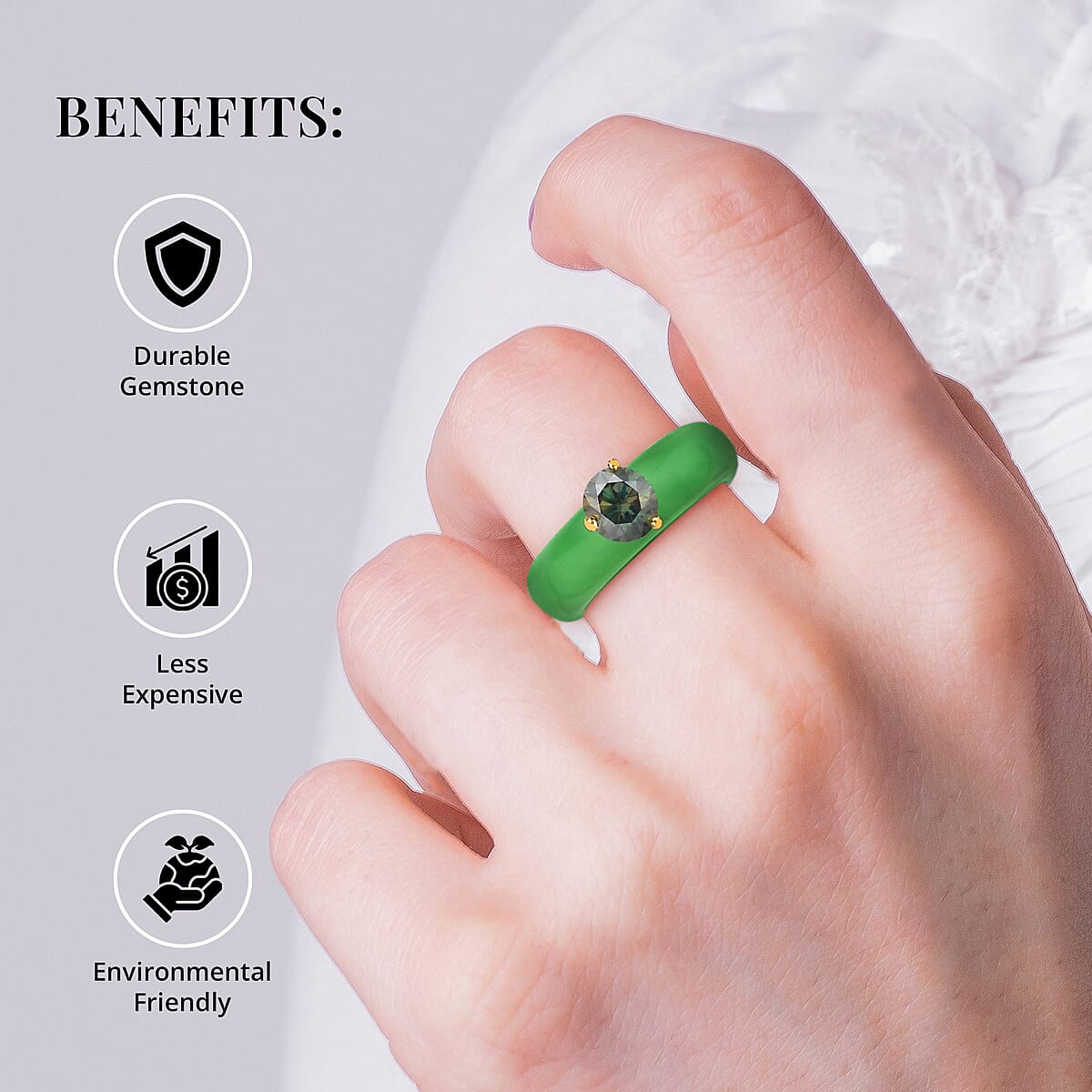 Green Moissanite and Green Jade (D) Ring in Vermeil Yellow Gold Over Sterling Silver , Moissanite Ring, Solitaire Ring, Green Jade Band , Sterling Silver Ring 17.00 ctw image number 4