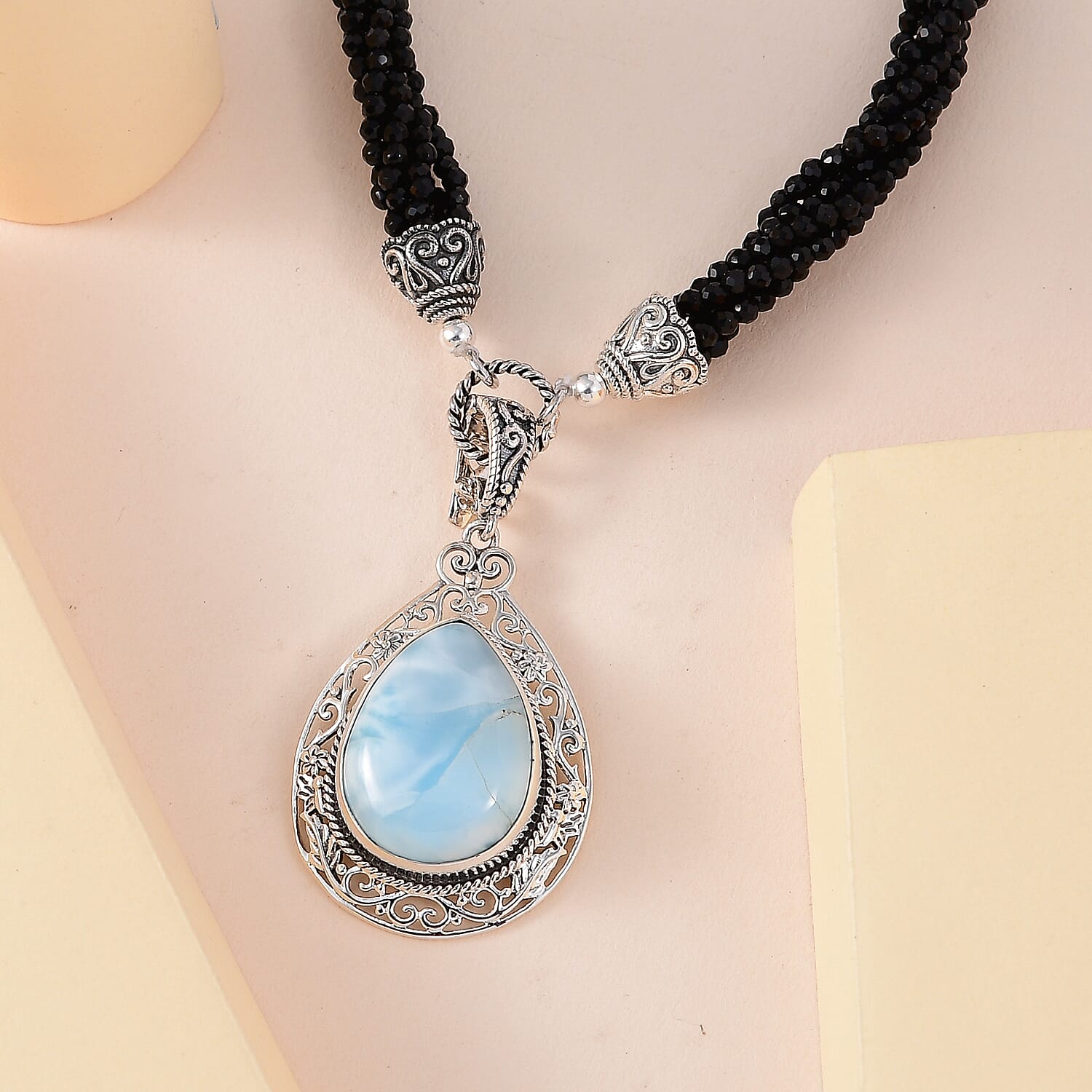 Artisan Crafted Larimar and Thai Black Spinel Necklace 18-20 Inches in Sterling Silver 99.50 ctw