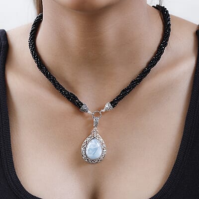 Artisan Crafted Larimar and Thai Black Spinel Necklace 18-20 Inches in Sterling Silver 99.50 ctw