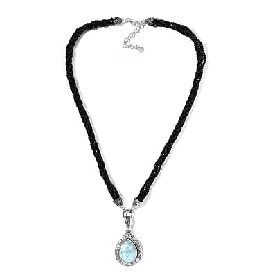 Artisan Crafted Larimar and Thai Black Spinel Necklace 18-20 Inches in Sterling Silver 99.50 ctw