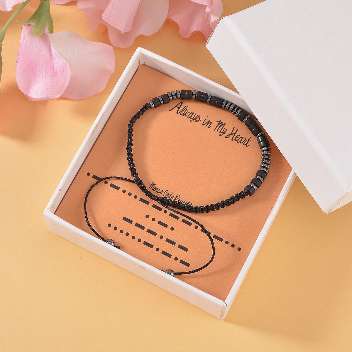 Hematite and Black Obsidian Beaded Always in My Heart Morse Code Bracelet Natural Cotton Cord Thread (Adjustable) 13.00 ctw image number 1