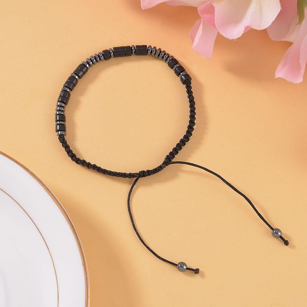 Hematite and Black Obsidian Beaded Always in My Heart Morse Code Bracelet Natural Cotton Cord Thread (Adjustable) 13.00 ctw image number 2