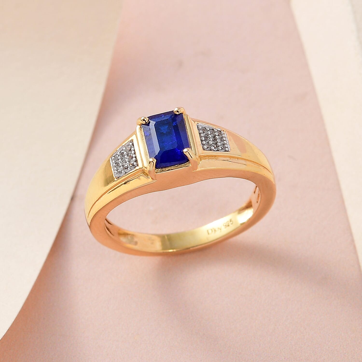 Tanzanian Blue Spinel (DF) and White Zircon Men's Ring in Vermeil Yellow Gold Over Sterling Silver (Size 10.0) 1.25 ctw