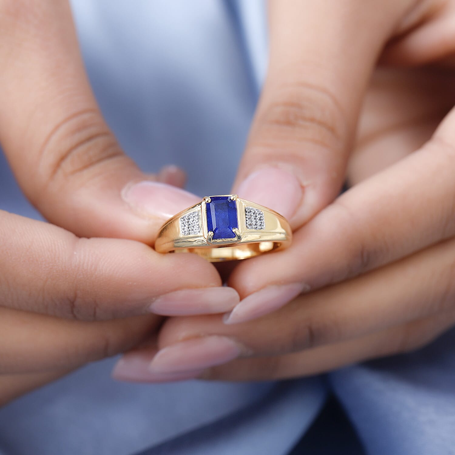 Tanzanian Blue Spinel (DF) and White Zircon Men's Ring in Vermeil Yellow Gold Over Sterling Silver (Size 10.0) 1.25 ctw