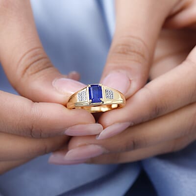 Tanzanian Blue Spinel (DF) and White Zircon Men's Ring in Vermeil Yellow Gold Over Sterling Silver (Size 10.0) 1.25 ctw