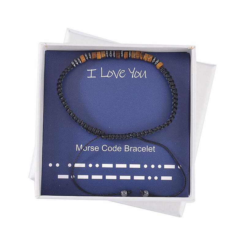 Hematite and Yellow Tiger's Eye Beaded I Love You Morse Code Bracelet in Silvertone and Natural Cotton Cord (Adjustable) 10.00 ctw
