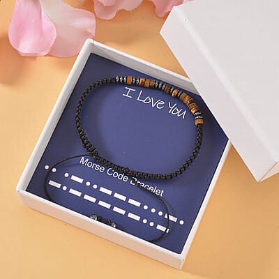 Hematite and Yellow Tiger's Eye Beaded I Love You Morse Code Bracelet in Silvertone and Natural Cotton Cord (Adjustable) 10.00 ctw