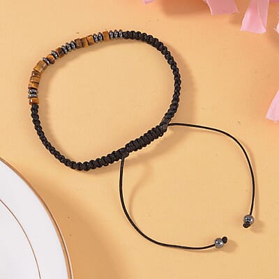 Hematite and Yellow Tiger's Eye Beaded I Love You Morse Code Bracelet in Silvertone and Natural Cotton Cord (Adjustable) 10.00 ctw