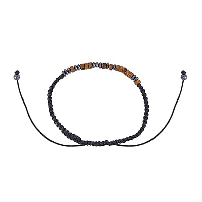 Hematite and Yellow Tiger's Eye Beaded I Love You Morse Code Bracelet in Silvertone and Natural Cotton Cord (Adjustable) 10.00 ctw