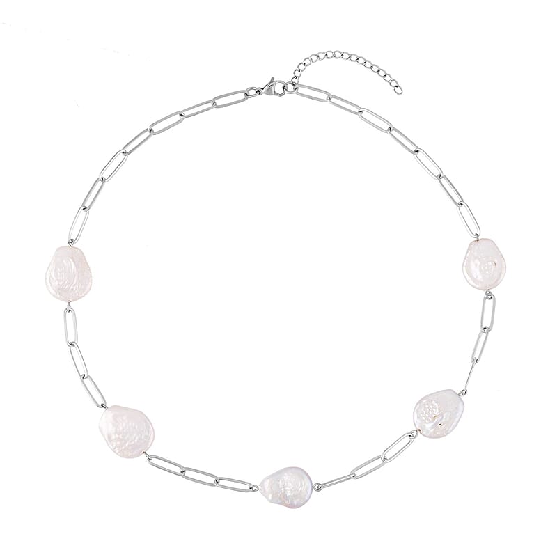 White Coin Freshwater Pearl Paper Clip Chain Necklace (18-20 Inches) in Stainless Steel , Tarnish-Free, Waterproof, Sweat Proof Jewelry