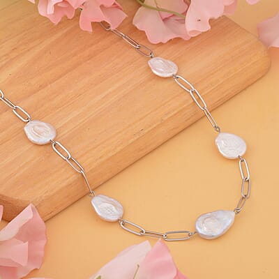 White Coin Freshwater Pearl Paper Clip Chain Necklace (18-20 Inches) in Stainless Steel , Tarnish-Free, Waterproof, Sweat Proof Jewelry