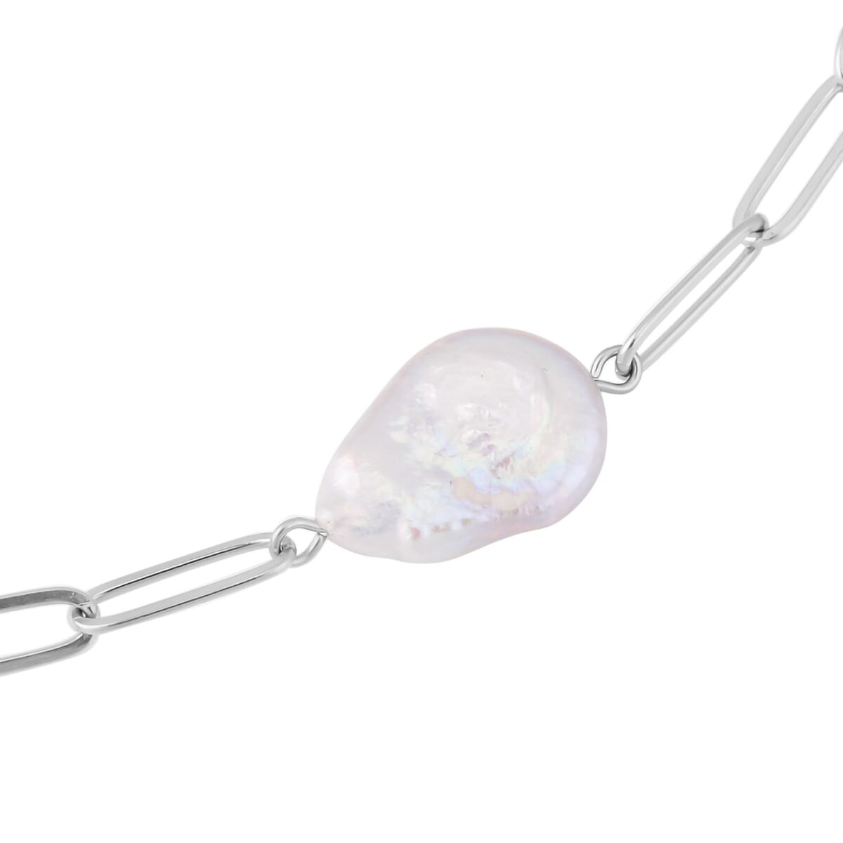 White Coin Freshwater Pearl Paper Clip Chain Necklace 18-20 Inches in Stainless Steel image number 2