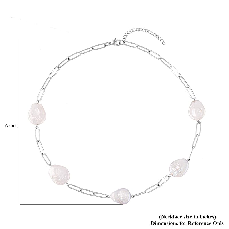 White Coin Freshwater Pearl Paper Clip Chain Necklace (18-20 Inches) in Stainless Steel , Tarnish-Free, Waterproof, Sweat Proof Jewelry