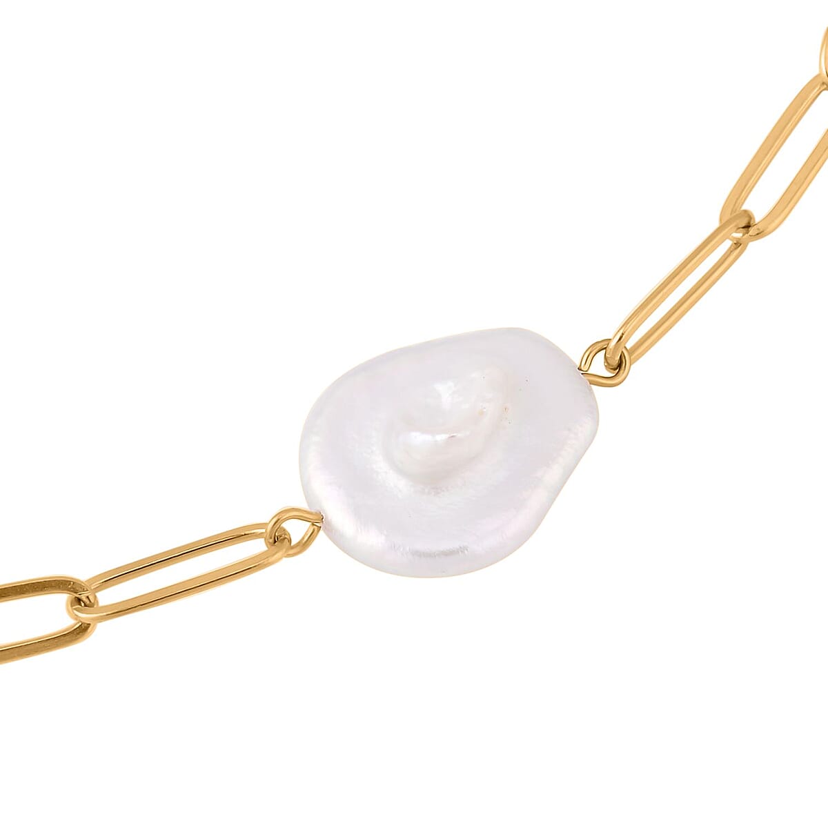 White Coin Freshwater Pearl Paper Clip Chain Necklace (18-20 Inches) in ION Plated YG Stainless Steel , Tarnish-Free, Waterproof, Sweat Proof Jewelry image number 2