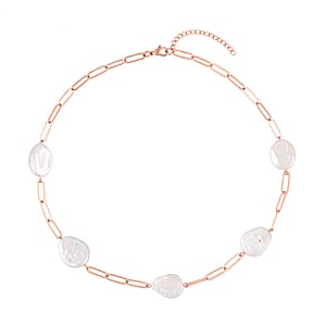 White Coin Freshwater Pearl Paper Clip Chain Necklace (18-20 Inches) in ION Plated RG Stainless Steel , Tarnish-Free, Waterproof, Sweat Proof Jewelry