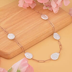 White Coin Freshwater Pearl Paper Clip Chain Necklace (18-20 Inches) in ION Plated RG Stainless Steel , Tarnish-Free, Waterproof, Sweat Proof Jewelry