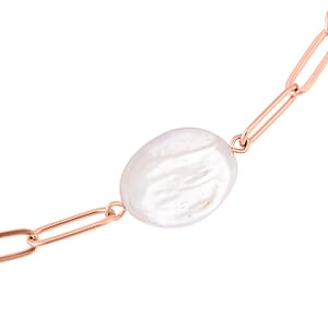 White Coin Freshwater Pearl Paper Clip Chain Necklace (18-20 Inches) in ION Plated RG Stainless Steel , Tarnish-Free, Waterproof, Sweat Proof Jewelry