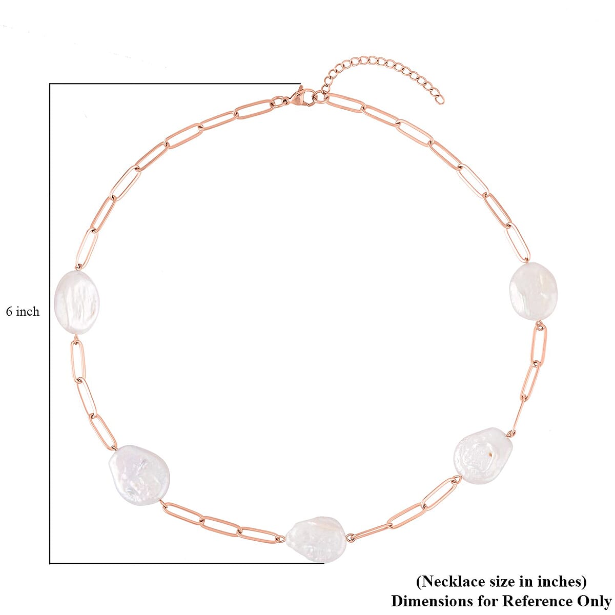 White Coin Freshwater Pearl Paper Clip Chain Necklace (18-20 Inches) in ION Plated RG Stainless Steel , Tarnish-Free, Waterproof, Sweat Proof Jewelry image number 4