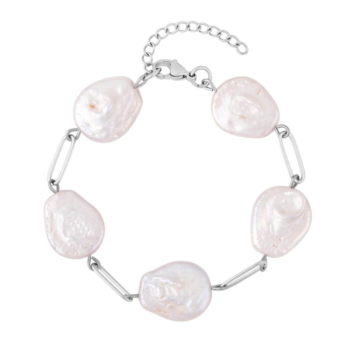 White Coin Freshwater Pearl Paperclip Station Bracelet in Stainless Steel (7.50-8.50In) image number 0