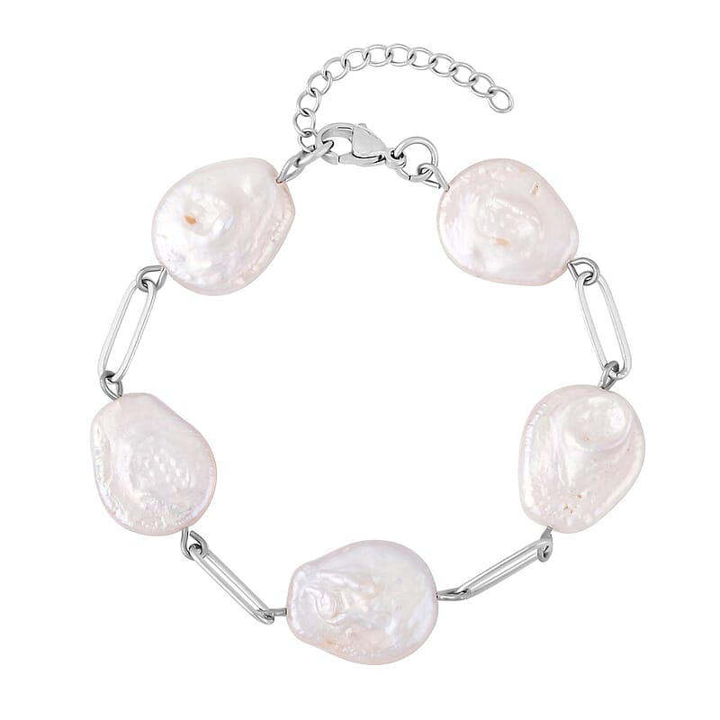 White Coin Freshwater Pearl Paperclip Station Bracelet in Stainless Steel (7.50-8.50In) , Tarnish-Free, Waterproof, Sweat Proof Jewelry