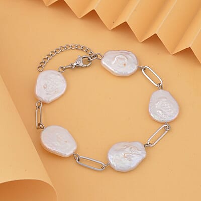 White Coin Freshwater Pearl Paperclip Station Bracelet in Stainless Steel (7.50-8.50In) , Tarnish-Free, Waterproof, Sweat Proof Jewelry