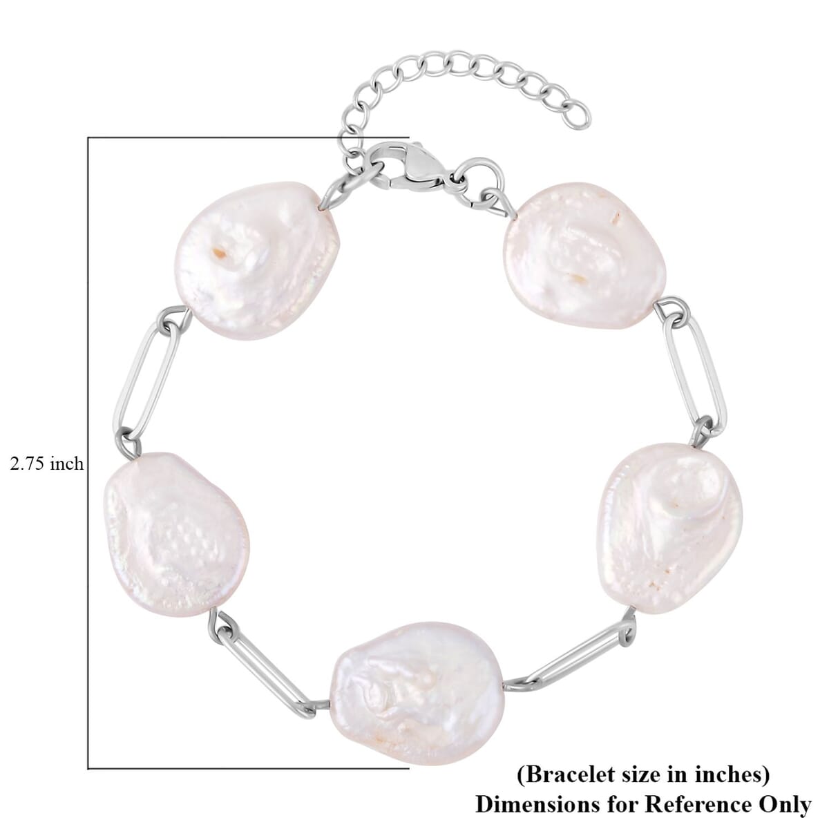 White Coin Freshwater Pearl Paperclip Station Bracelet in Stainless Steel (7.50-8.50In) image number 2