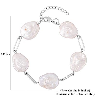 White Coin Freshwater Pearl Paperclip Station Bracelet in Stainless Steel (7.50-8.50In) , Tarnish-Free, Waterproof, Sweat Proof Jewelry