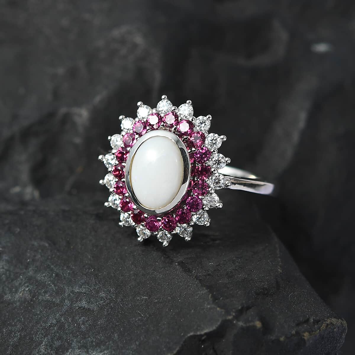Australian Opal and Multi Gemstone Double Halo Ring in Platinum Over Sterling Silver (Size 6.0) 1.75 ctw image number 1