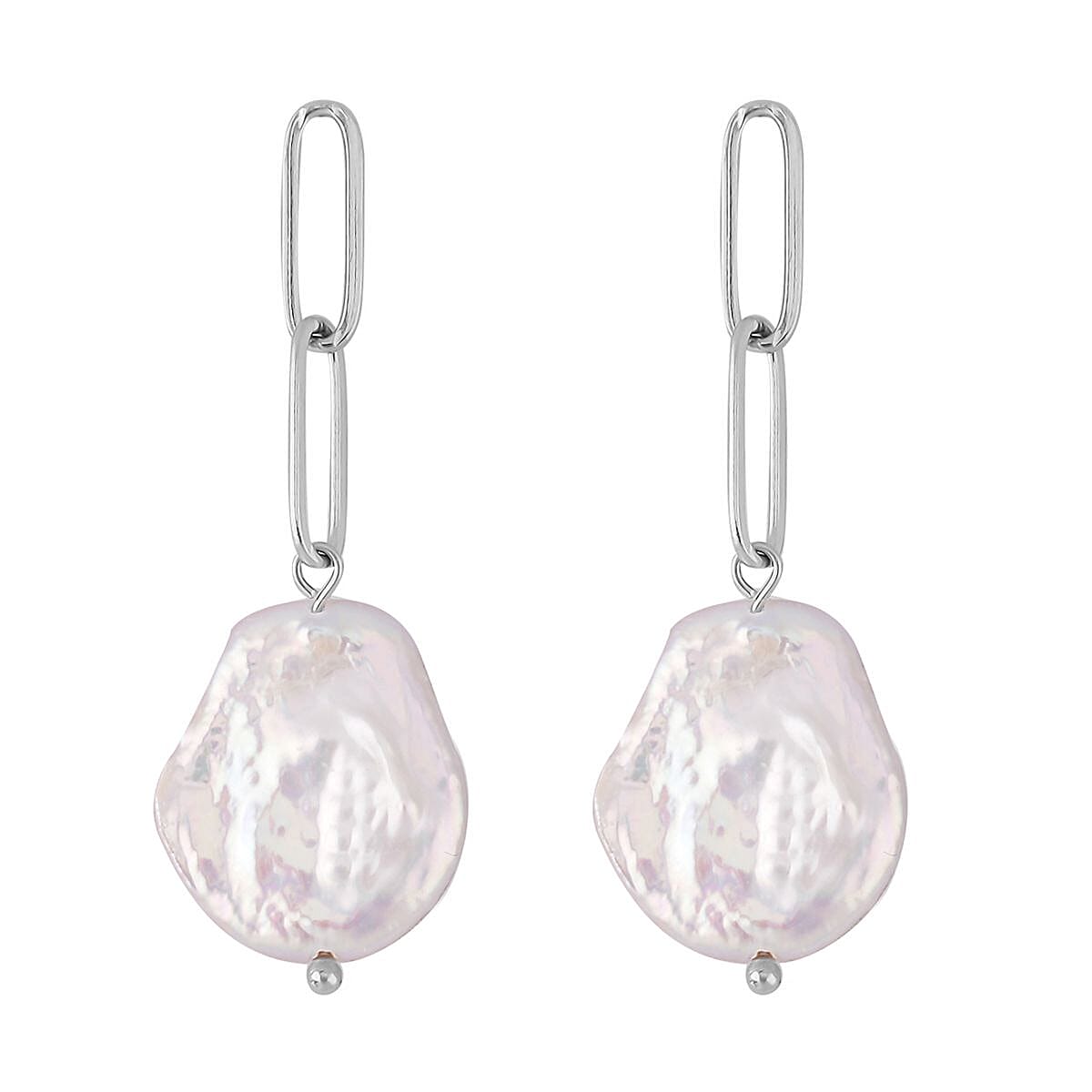 White Coin Freshwater Pearl Paperclip Earrings in Stainless Steel , Tarnish-Free, Waterproof, Sweat Proof Jewelry
