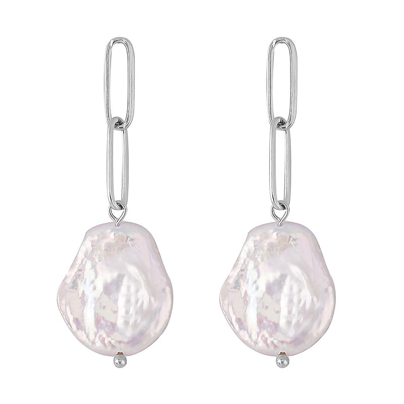 White Coin Freshwater Pearl Paperclip Earrings in Stainless Steel , Tarnish-Free, Waterproof, Sweat Proof Jewelry